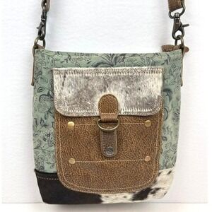 Myra Bag Mixed Media Floral Canvas Hair-on-Hide Crossbody Bag Brown Green